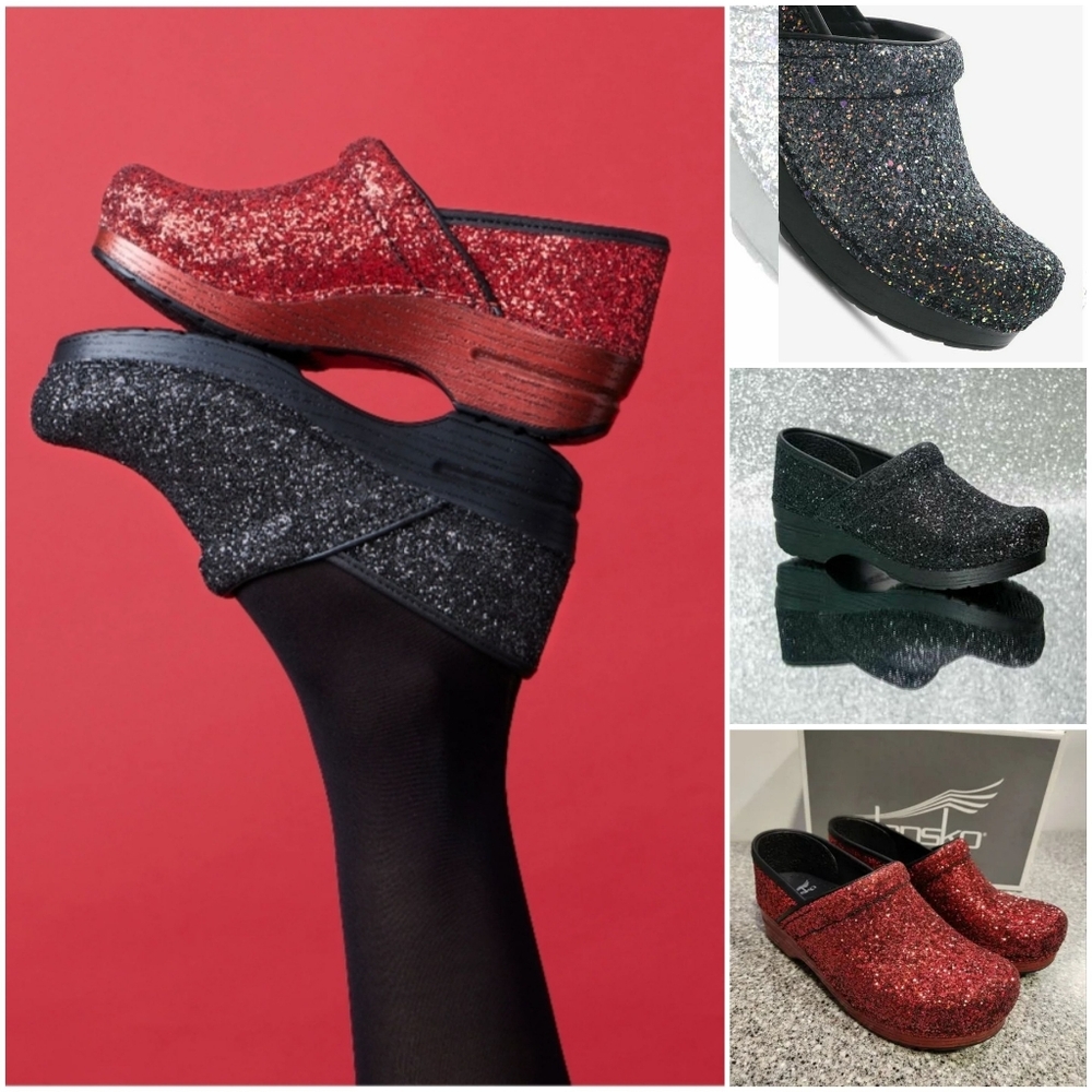Red Black Dansko Pro Glitter Clogs Sparkling Festive Party Boho Cottage Mobwife